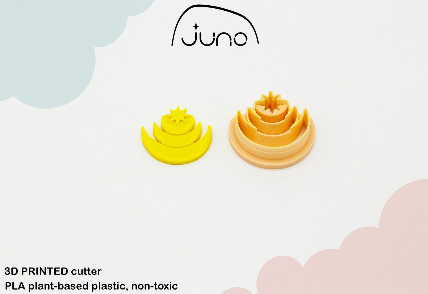 Elegant Celestial Crescent Moon and Polar Star, Printed Clay, Polymer Clay, Cookie Cutter