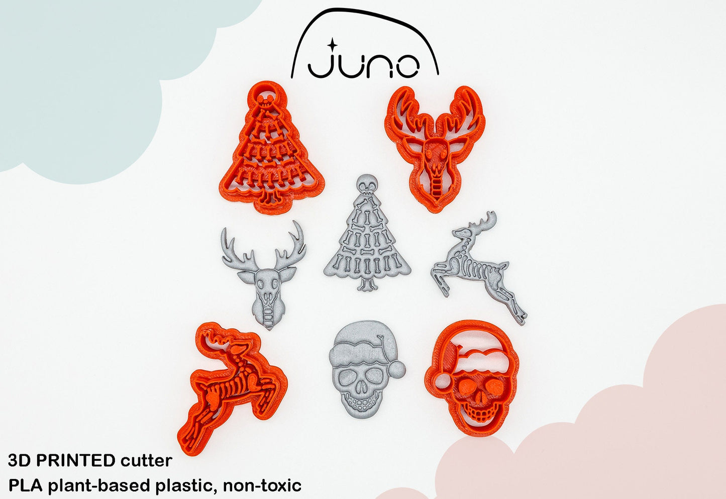 Spooky X-MAS, Skeleton Reindeer, Gothic, Scary Christmas Ornament Printed Clay, Polymer Clay, Cookie Cutter