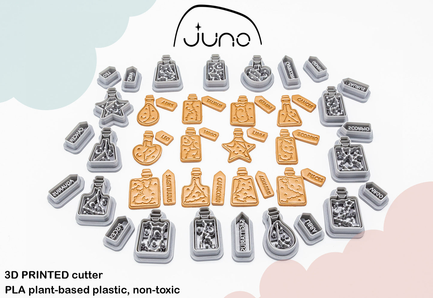 Cute Zodiac Constellation Potions with Zodiac tags Printed Clay, Polymer Clay, Cookie Cutter