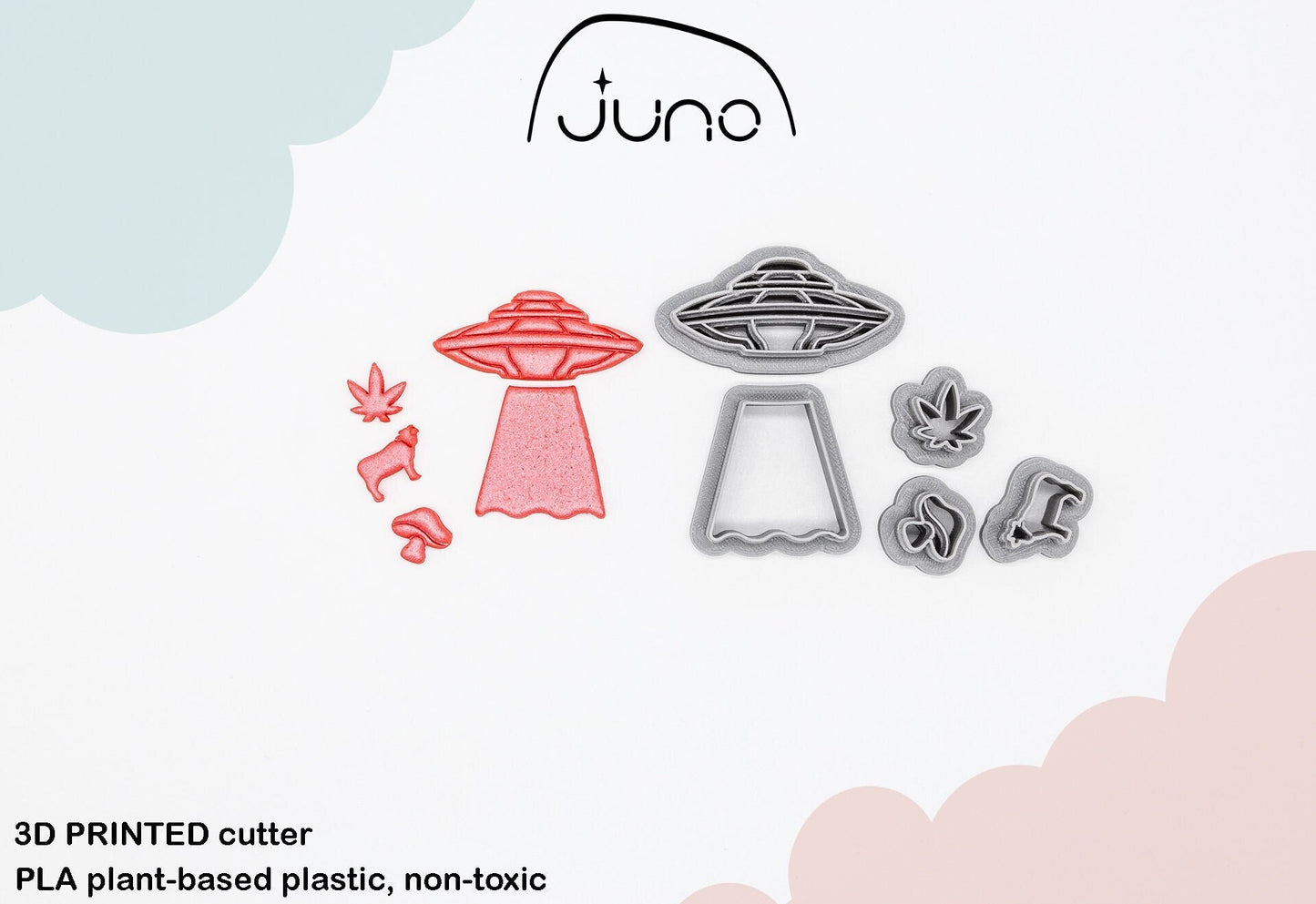 UFO and Beam with Cow, Cannabis leaf and mushroom Set Printed Clay, Polymer Clay, Cookie Cutter