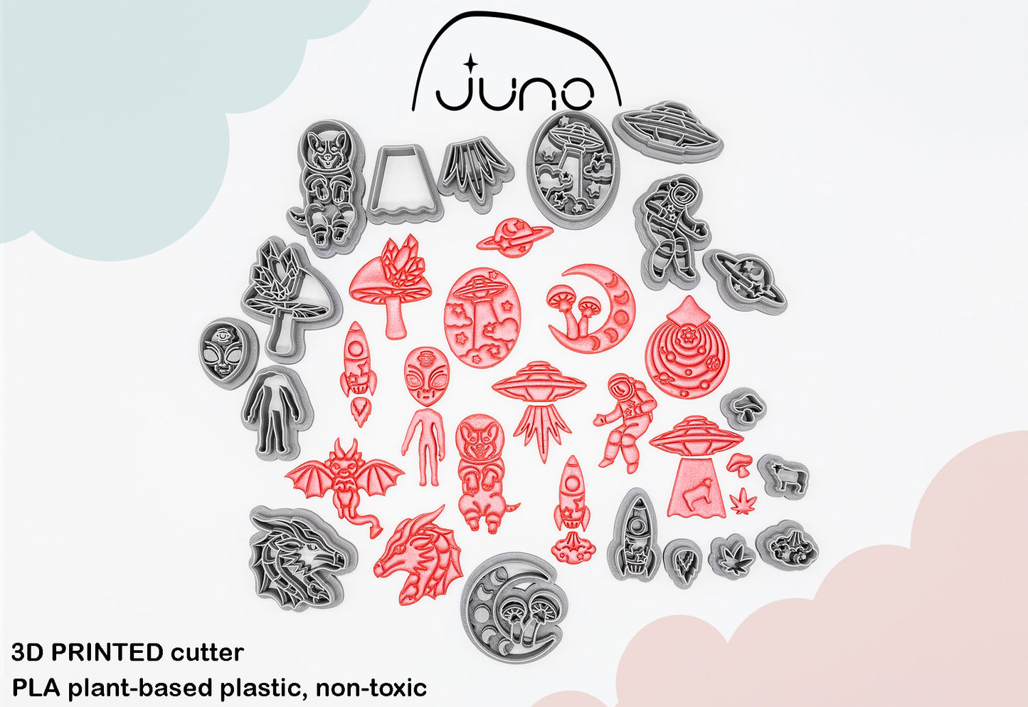 UFO and Beam with Cow, Cannabis leaf and mushroom Set Printed Clay, Polymer Clay, Cookie Cutter